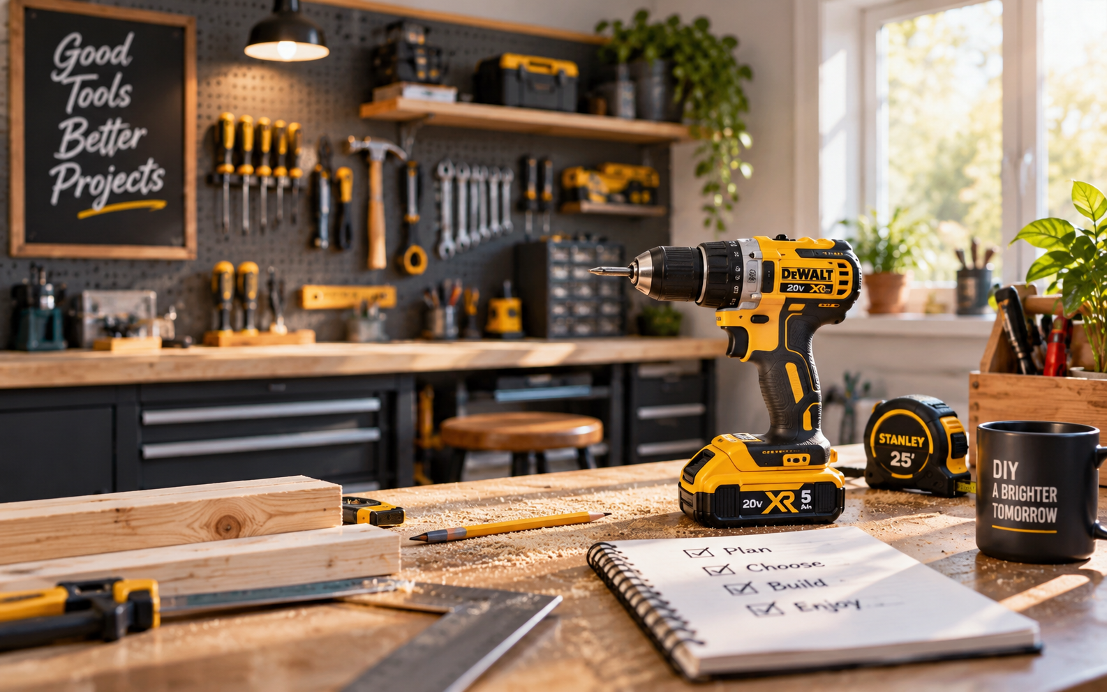 Power tools and cordless drill for DIY home projects