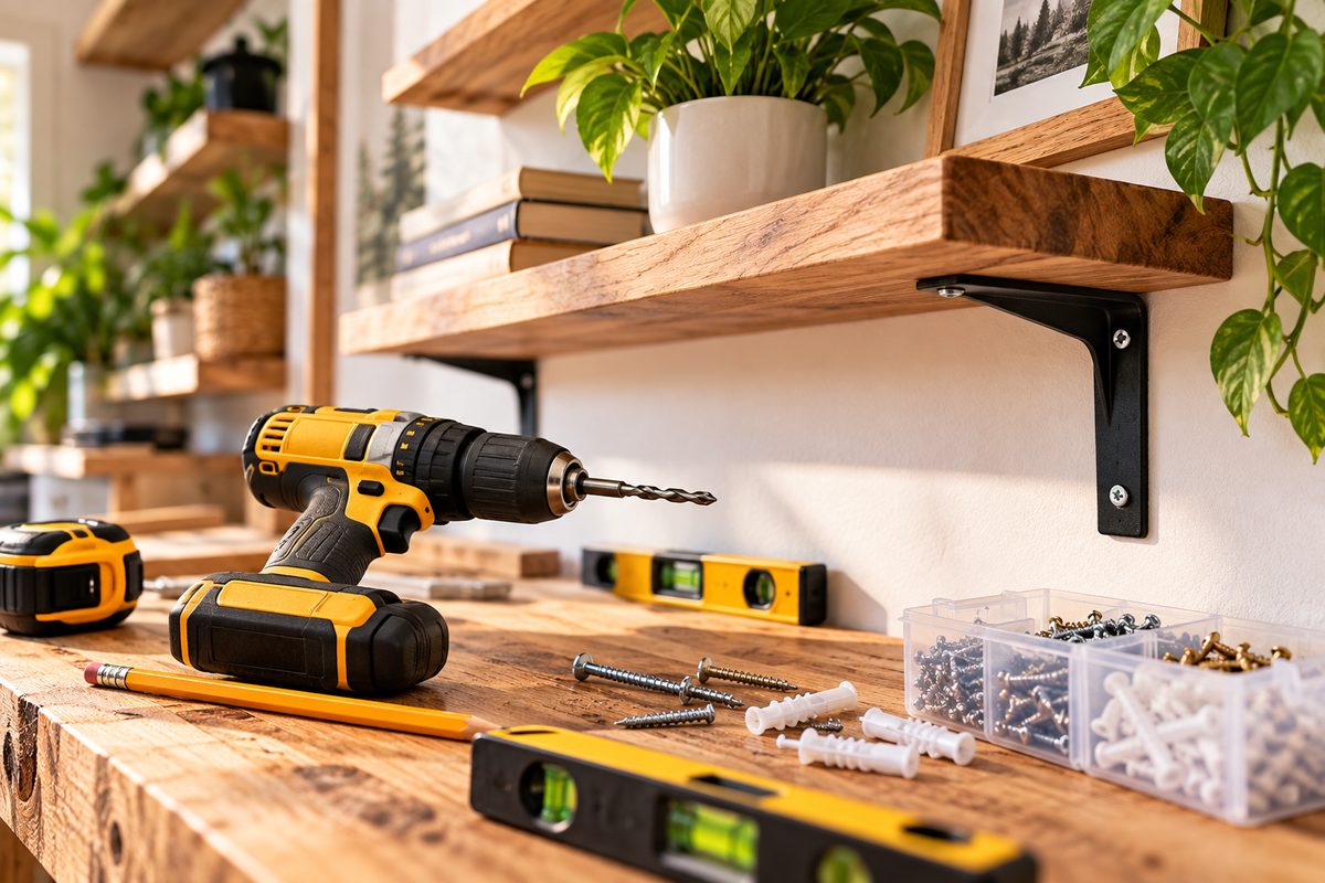Cordless drill and tools for installing a floating shelf