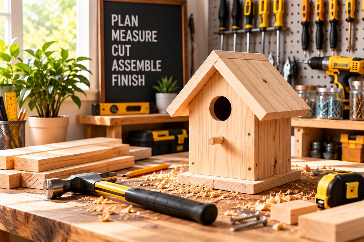 DIY woodworking project and power tools in a home workshop