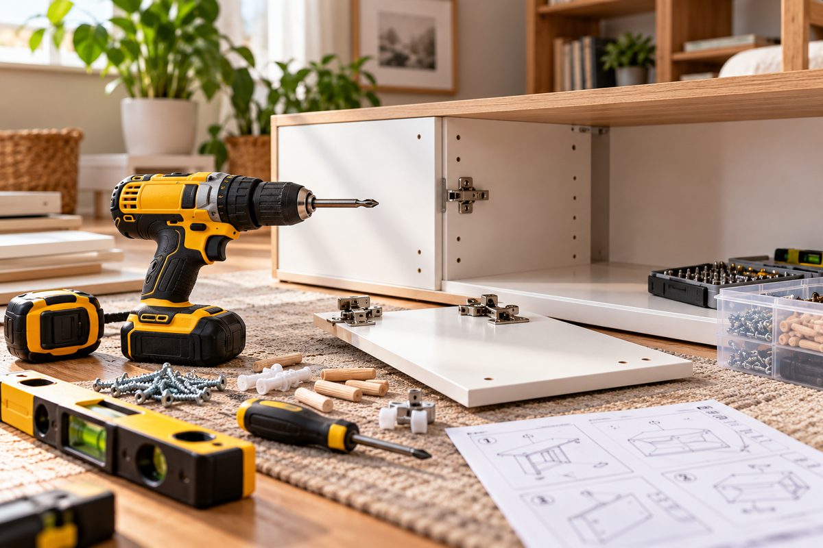 DIY furniture assembly with cordless drill and hand tools