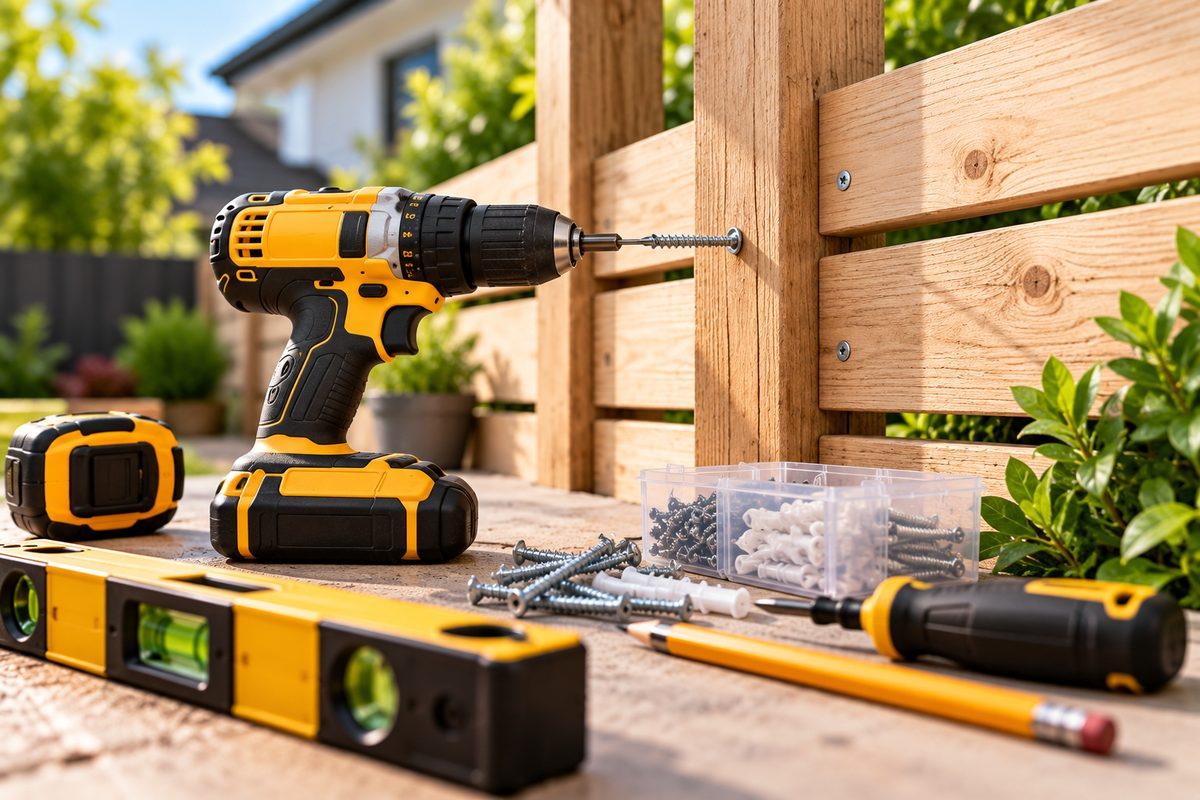 Cordless drill and tools for an outdoor DIY fence project