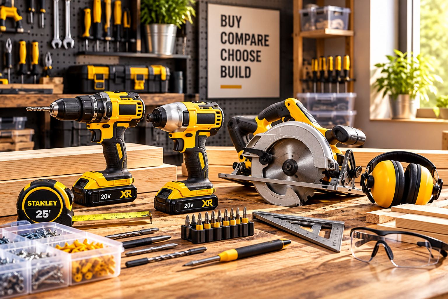 Power tools arranged on a workbench for a DIY buying guide
